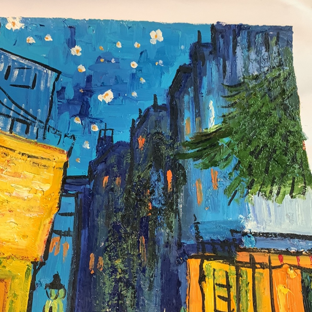 Vibrant cafe street scene.  Original oil painting.  20 x 24. Canvas 23.5 x 27 - Picture 3 of 6